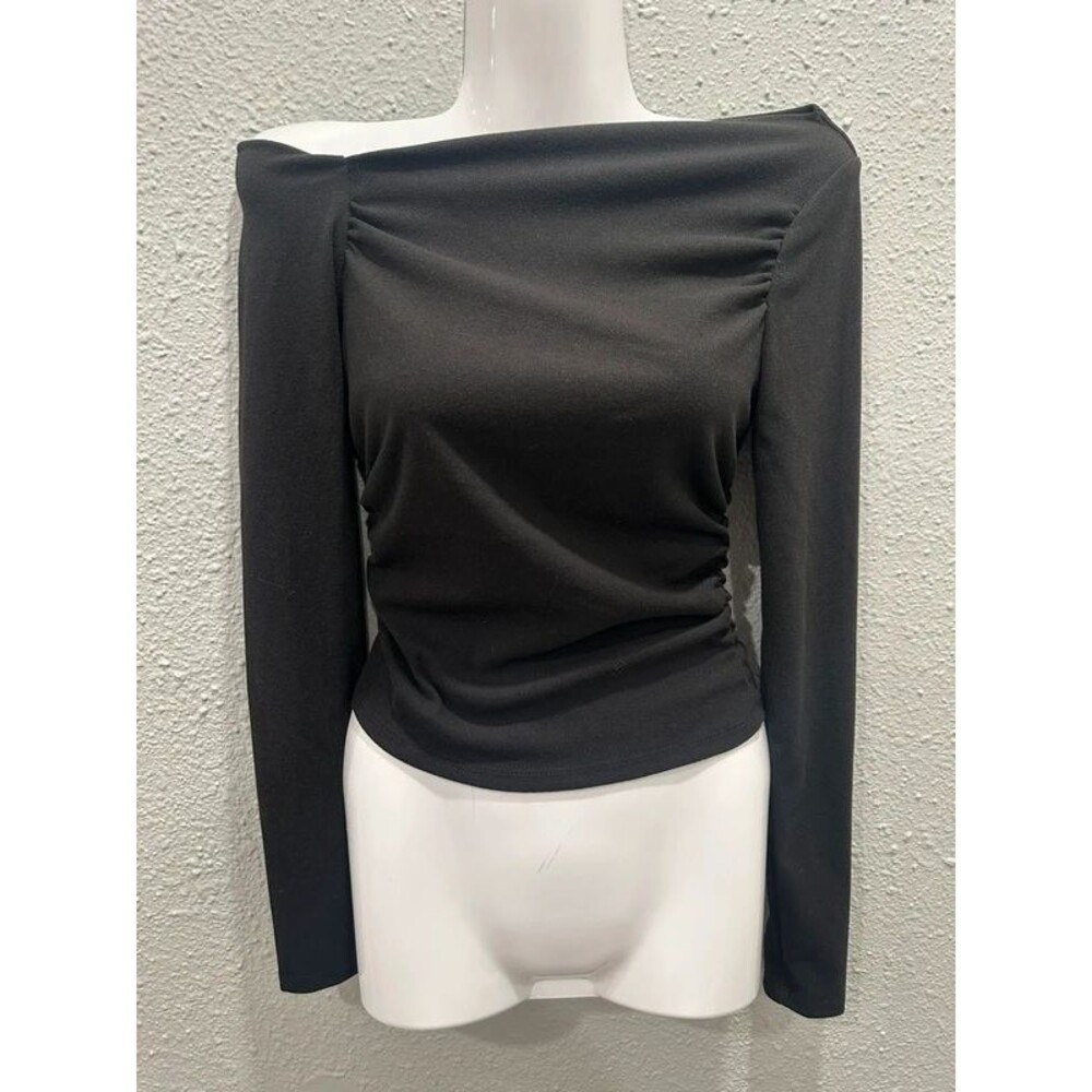 Asymmetric Off The Shoulder Black Top Womens Small Side Ruching Stretch New